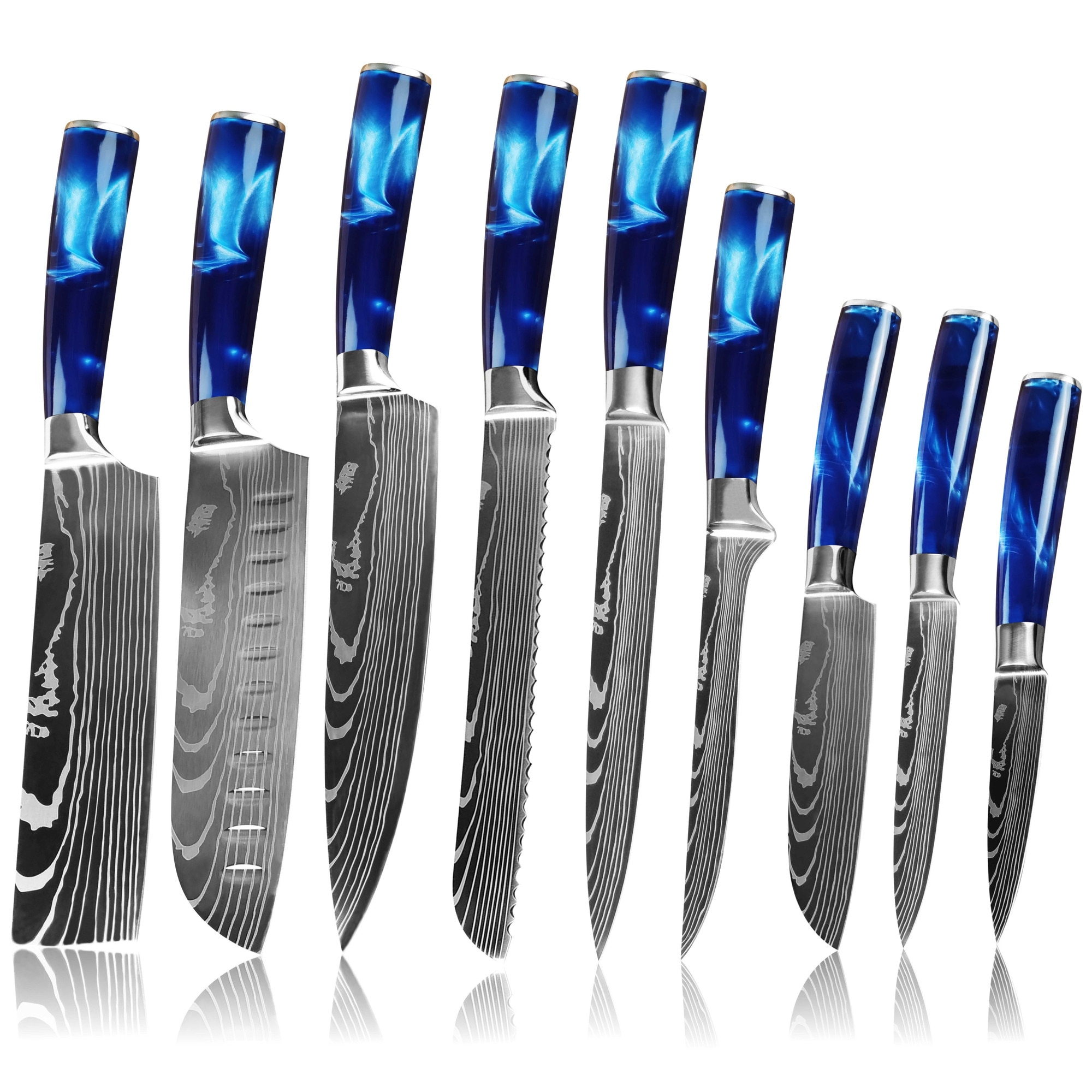 Set Cuțite Profesionale Bucătărie – Oțel Japonez HRC 60, Mâner Deluxe Albastru, 9 cuțite + Cutie Cadou