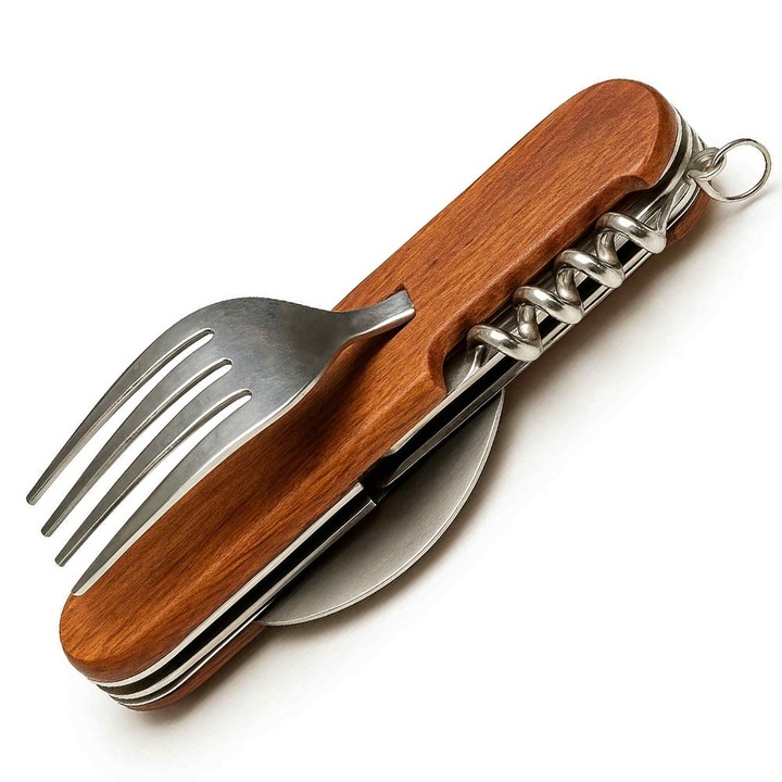 Briceag multifunctional Pufo pentru camping 6 in 1, cu lingura si furculita, 10 cm, maro