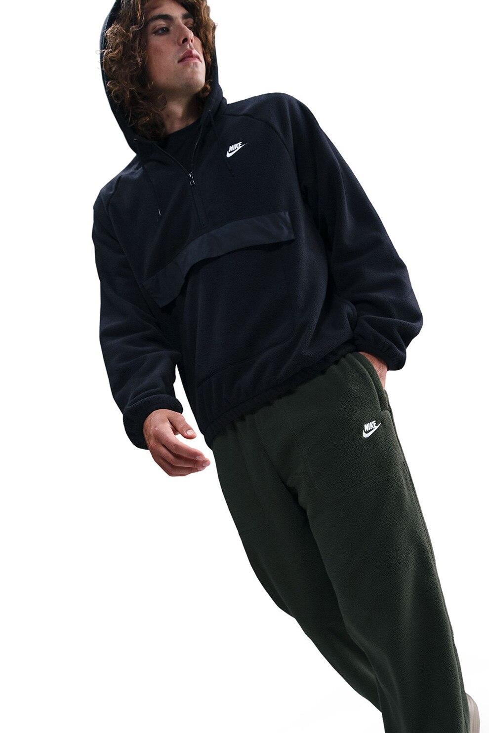 Nike, Pantaloni de trening din material fleece cu talie ajustabila Club, Alb, Verde inchis, S