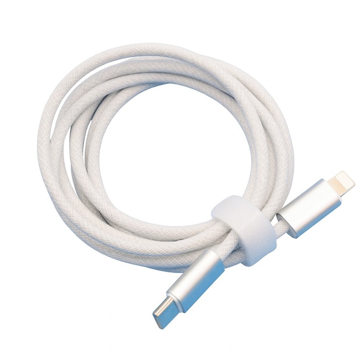 Кабел за бързо зареждане за телефон, Flippy, Power Delivery 27W, Съвместим с iPhone, С найлонова оплетка, C към Lightning, 1.5 м, 160 медни жила, Бял