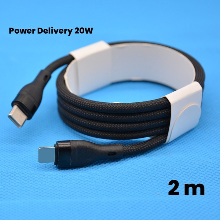 Original - Cablu de Date impletit din Nailon, Southern Sky, Incarcare Rapida, Potrivit Compatibil cu iPhone, Cablu de Incarcare cu Power Delivery 20W, 2 m, Negru