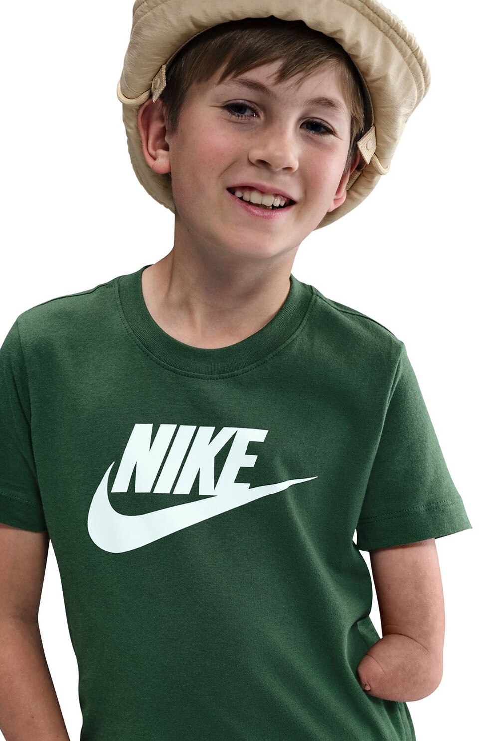 Nike, Tricou cu decolteu la baza gatului si imprimeu logo Futura, Alb optic, Verde aquamarin, 158-170 CM