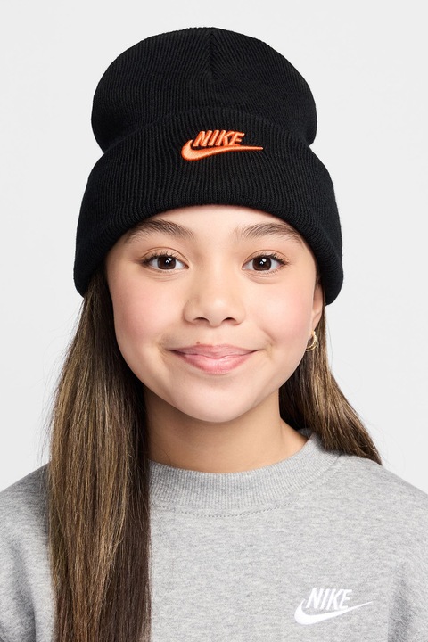 Nike, Caciula cu logo brodat Peak, 50-55 CM, Negru/Portocaliu mandarina