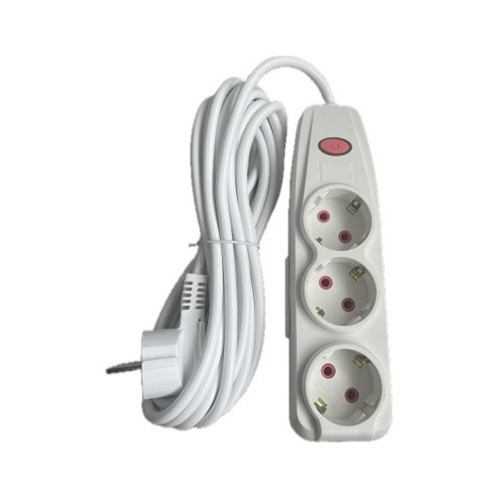 KLAUS Prelungitor 3 prize, cablu 5m, 3x1.0mm Alb cu intrerupator si protectie copii