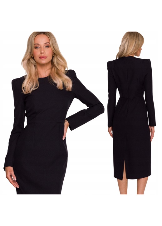 Midi ruha, S412 Fekete, Kerek nyakkivágás, Hosszú ujjak, Fekete