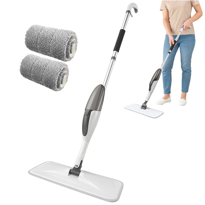 Mop cu pulverizare cap rotativ 360, Teu multifunctional IdealTI®, 2 lavete microfibra, rezervor 500 ml, Alb
