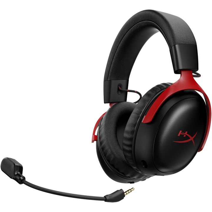 Безжични геймърски слушалки HyperX Cloud III S, 2.4GHz/Bluetooth, максимална автономност 120ч 2.4GHz/200ч BT, мемори пяна, 10мм подвижен микрофон, софтуер HyperX NGENUITY, черни/червени