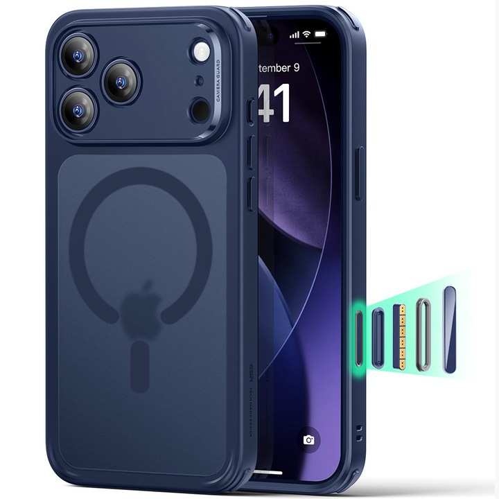 Husa de protectie MagSafe Anti-soc pentru Apple iPhone 17 Pro Max, Design Frosted, Policarbonat, Acrylic Back, TPU, Albastru