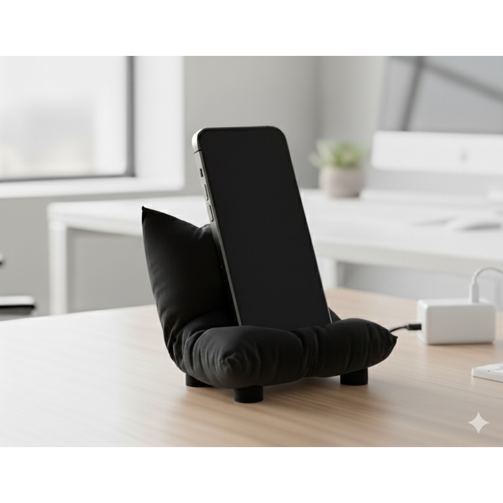 Decoratiune suport haios pentru telefon, model fotoliu - perna, culoare negru, model universal, cadou inedit si amuzant smartphone, accesoriu haios si practic pentru birou sau casa