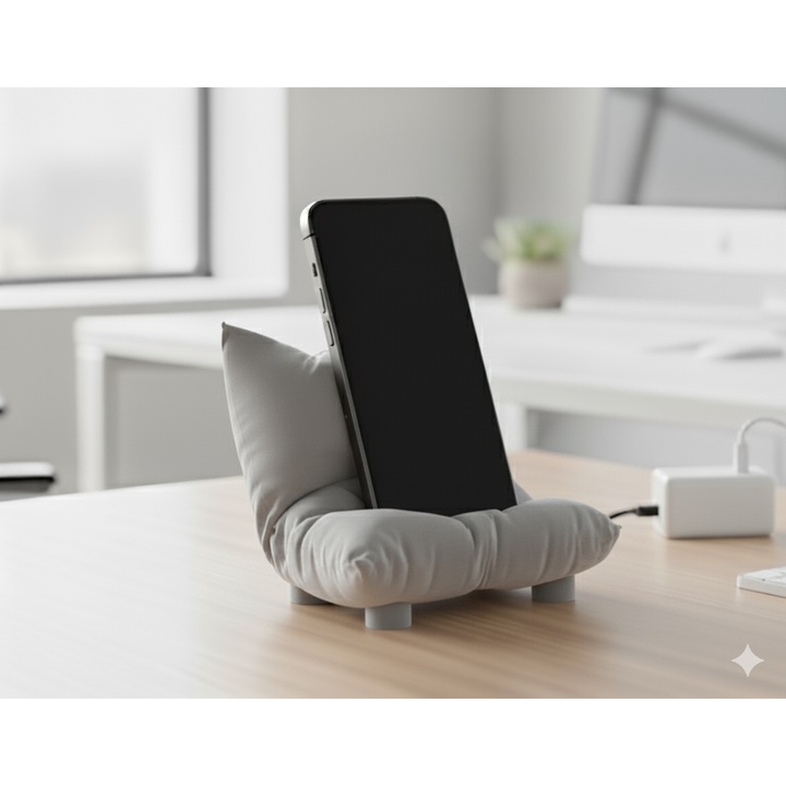 Decoratiune suport haios pentru telefon, model fotoliu - perna, culoare gri, model universal, cadou inedit si amuzant smartphone, accesoriu haios si practic pentru birou sau casa