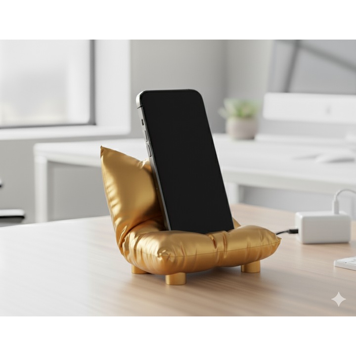 Decoratiune suport haios pentru telefon, model fotoliu - perna, culoare auriu, model universal, cadou inedit si amuzant smartphone, accesoriu haios si practic pentru birou sau casa