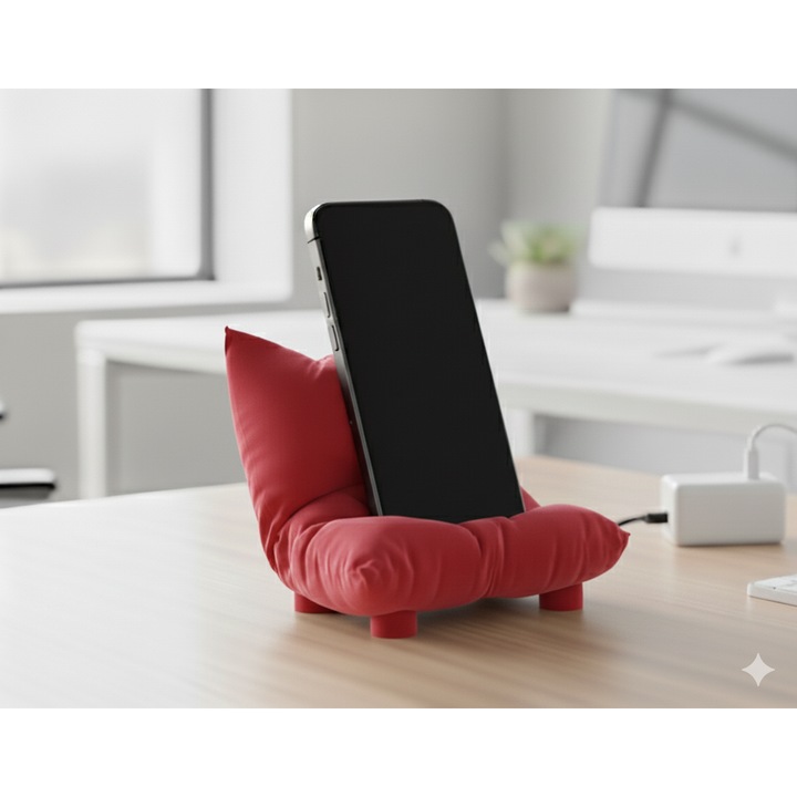 Decoratiune suport haios pentru telefon, model fotoliu - perna, culoare rosu, model universal, cadou inedit si amuzant smartphone, accesoriu haios si practic pentru birou sau casa