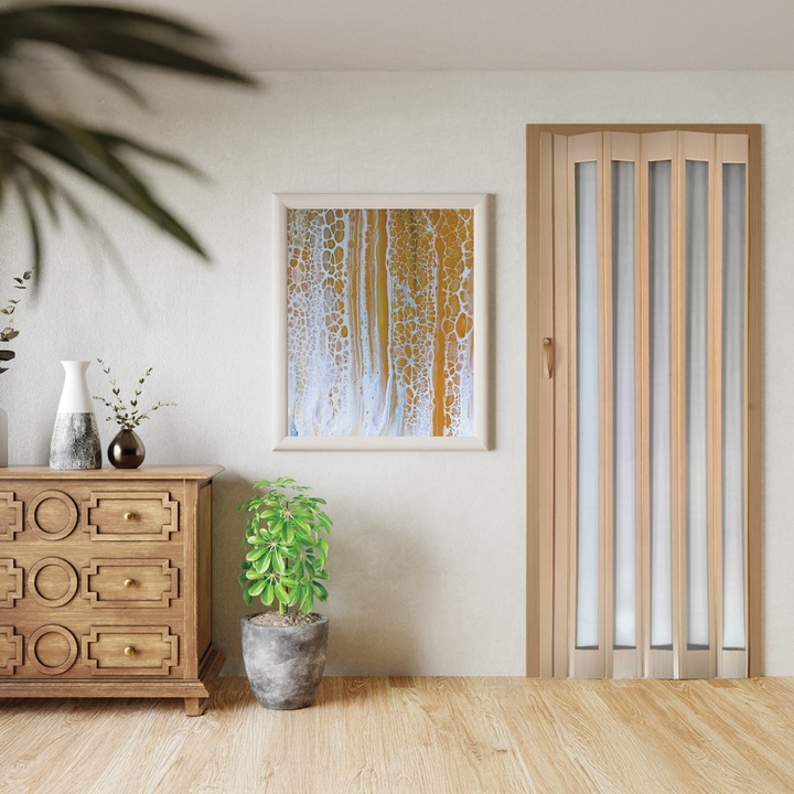 Usa plianta interior, cu geam 1/1 Prestij, din PVC, pin, 850/2030 mm