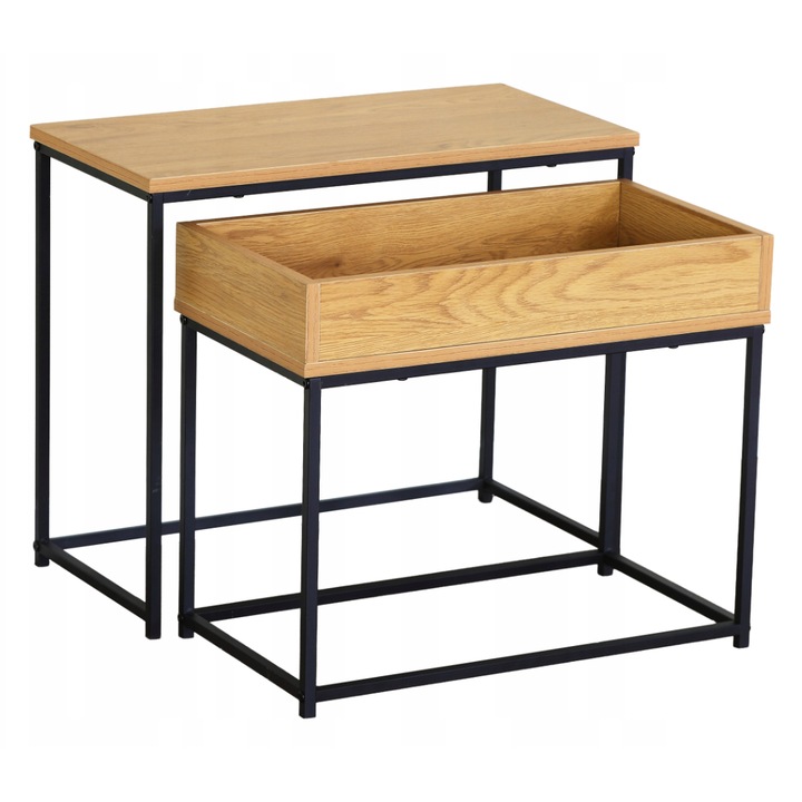 Комплект 2 модерни масички за кафе, Zola, метална рамка, ПДЧ, 60 x 30 x 50 / 55 x 29.5 x 45.5 см, поддържано тегло 10 кг, натурален дъб