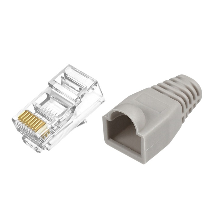 Set 10 x mufa + manson de protectie, RJ45, CAT5 CAT6, 8 pini 8P8C, gri, Dactylion®