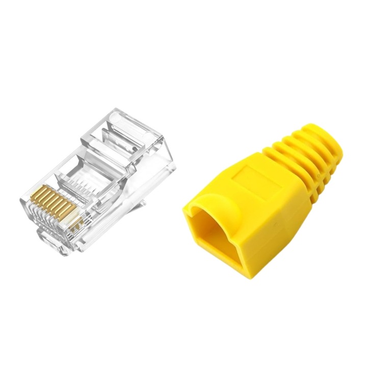 Set 10 x mufa + manson de protectie, RJ45, CAT5 CAT6, 8 pini 8P8C, galben, Dactylion®