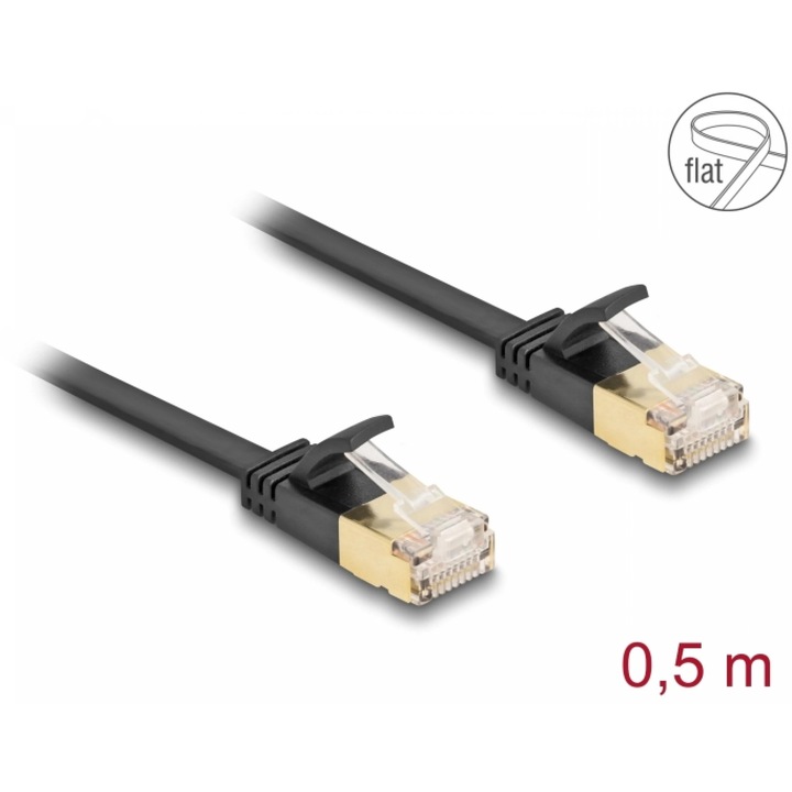 Cablu de retea RJ45 Cat.6A cu cablu Cat.7 Flat FTP 0.5m Negru, Delock 80344