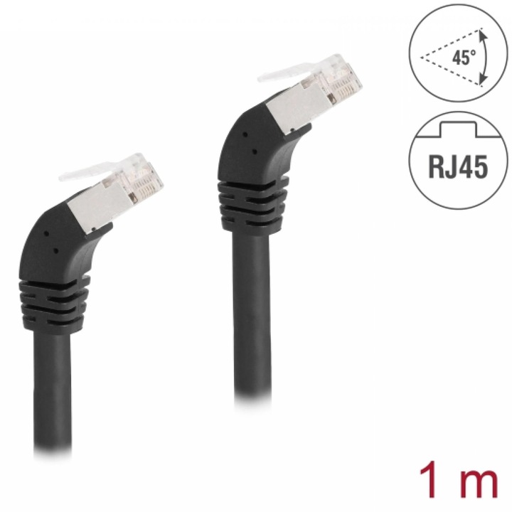 Cablu de retea RJ45 Cat.6A S/FTP unghi jos/jos 45 grade 1m Negru, Delock 80275