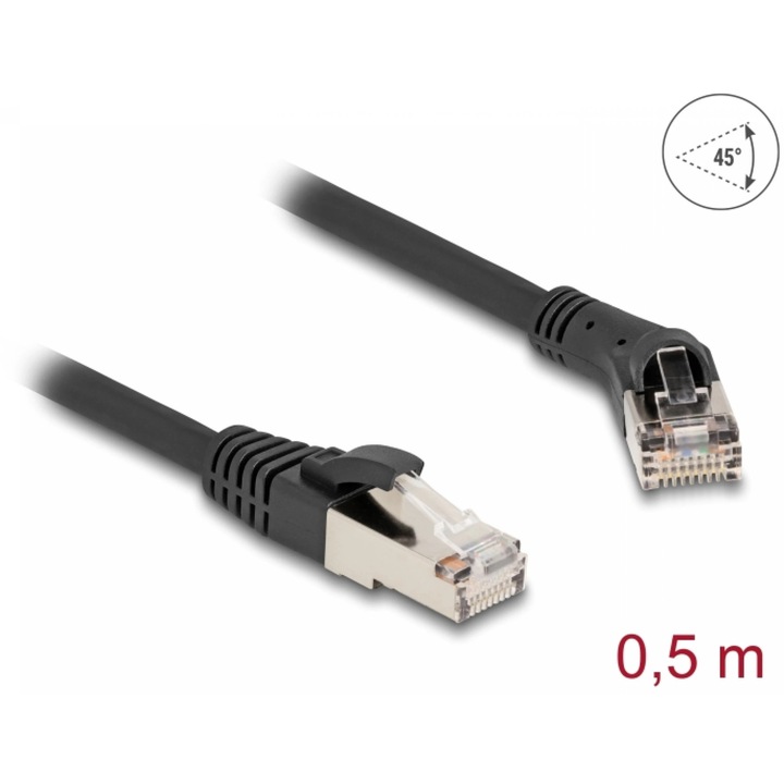 Cablu de retea RJ45 Cat.8.1 S/FTP drept/unghi 45 grade dreapta 0.5m Negru, Delock 80627