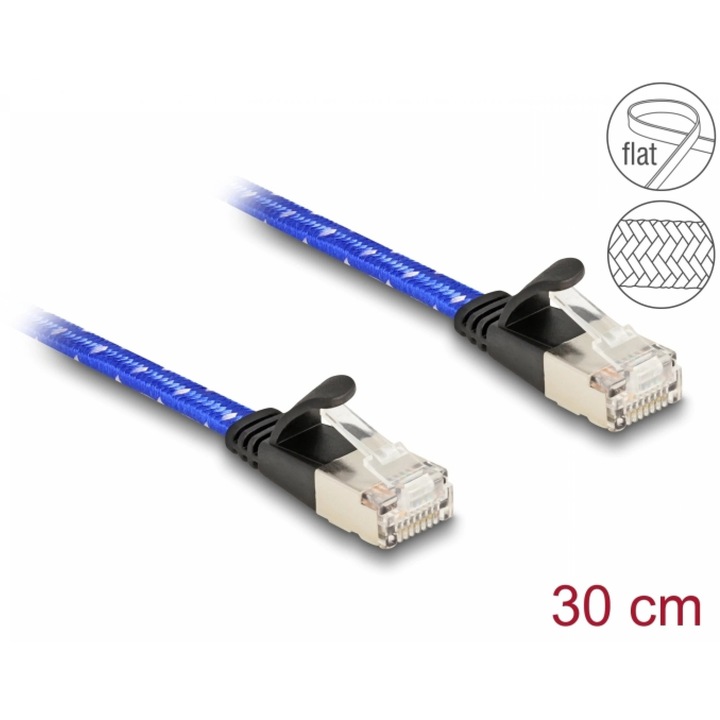 Мрежов кабел RJ45 Cat.6A Плосък FTP 0.3м Син, Delock 80381