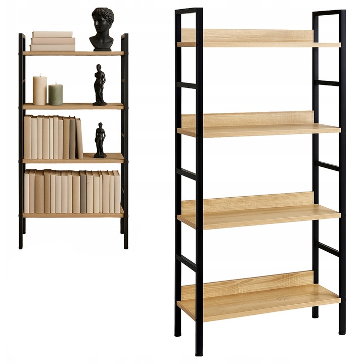 Етажерка индустриален модел, Zola, 4 рафта, стоманена рамка, 60 x 27.5 x 126 см, натурален дъб