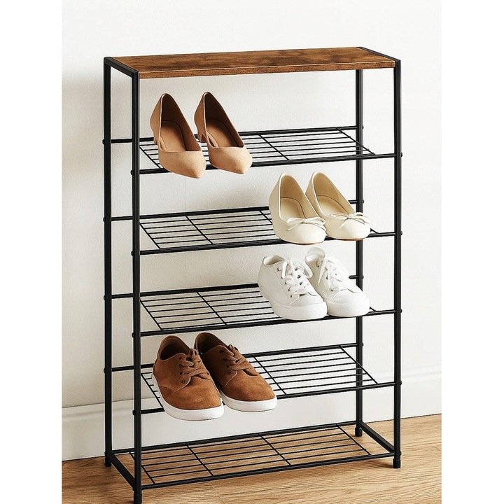 Modern ipari stílusú cipőtartó, Zola, 4 polc, fémváz, laminált lap, 63 x 30 x 83 cm, füstös tölgy