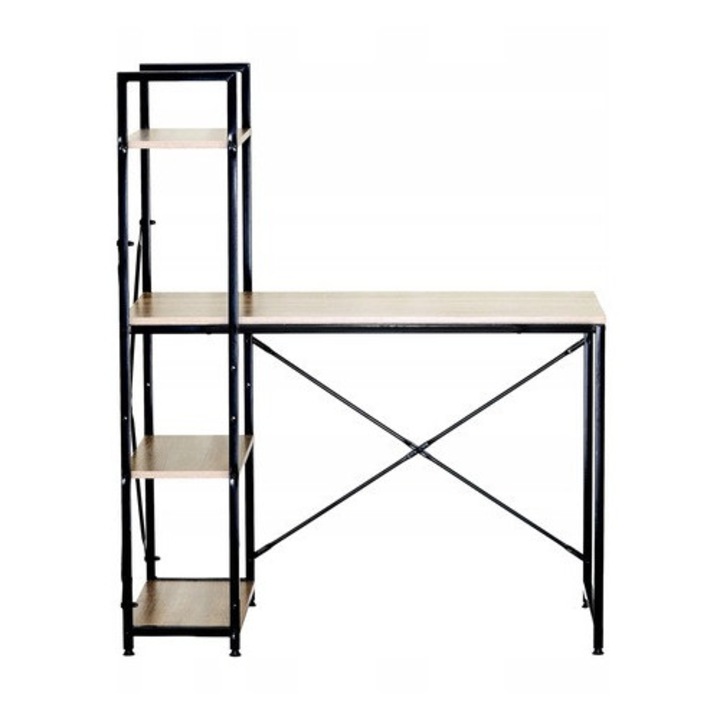 Модерно бюро с интегрирана етажерка, Zola, 100 x 52 x 120 см, 3 рафта, метална рамка, просторен плот, натурален дъб