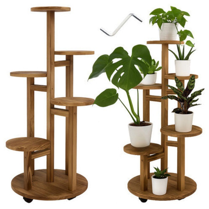 Suport de flori cu 6 niveluri, Zola, lemn de pin, inaltime 86 cm, diametru suport 18-33 cm, roti pivotante, maro