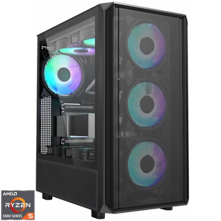 Настолен компютър Gaming Serioux, AMD Ryzen™ 5 5600X до 4.6GHz, 32GB DDR4, 1TB SSD, Gainward GeForce RTX™ 5060 Ghost 8GB GDDR7, No OS, Черен