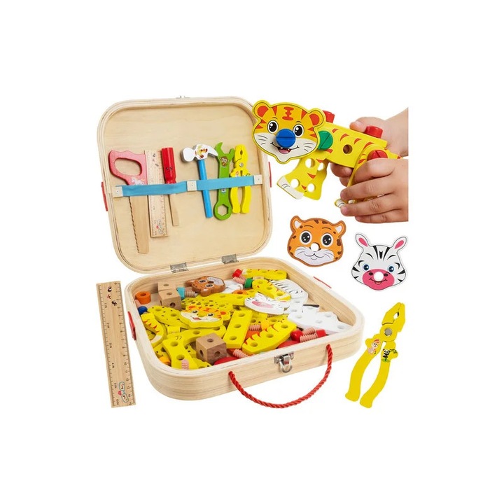 Trusa de scule pentru copii, constructie animale, kit unelte, lemn multicolor, cutie 31x32x 6 cm