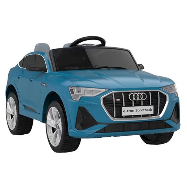 Masinuta electrica pentru copii cu licenta Audi E-Tron Sportback Blue cu telecomanda 2.4G, acumulator 12V4.5Ah, motoare 80w, lumini led, muzica, pornire la buton, usi cu deschidere, mp3/usb, functie swing,3 viteze din telecomanda