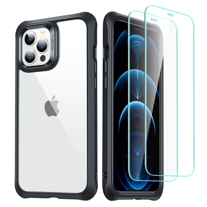Husa telefon ESR pentru iPhone 12 Pro Max, ESR, Alliance 360, protectie completa, TPU si PC, neagra, set cu 2 geamuri temperate