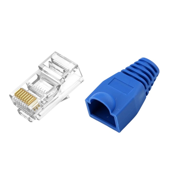 Комплект 100 x конектор + защитен маншон, RJ45, CAT5 CAT6, 8 пина 8P8C, син, Dactylion®