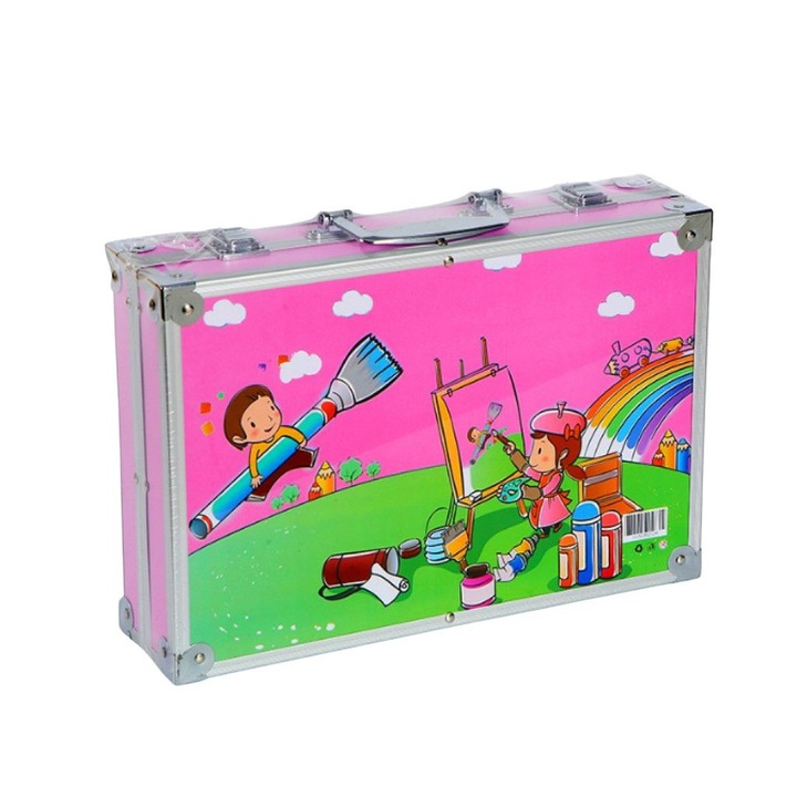 Творчески комплект за рисуване, 145 части, Сгъваем, Алуминиев куфар, Размер: 35 х 24 х 9 сантиметра, Цвят: Розов