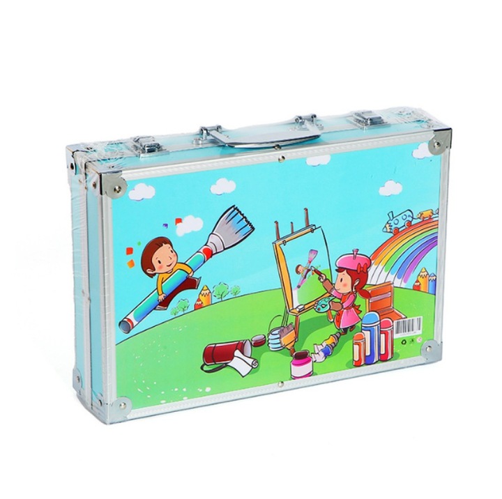 Творчески комплект за рисуване, 145 части, Сгъваем, Алуминиев куфар, Размер: 35 х 24 х 9 сантиметра, Цвят: Син