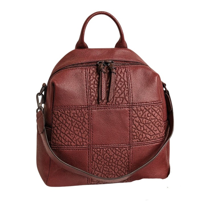 Дамска раница, 2 в 1, Многофункционална, Висококачествена изкуствена кожа, Двойна текстура, Размер: 35 х 30 х 13 сантиметра, Цвят: Бордо