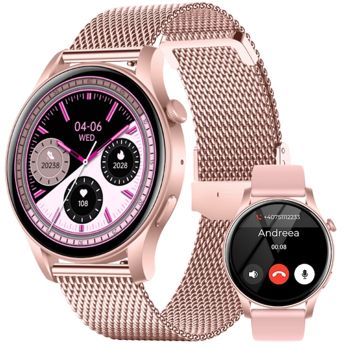 Női okosóra Evolve-x, EvoWatch NOVA, Bluetooth hívások, Mikrofon, Pulzus, Vérnyomás, Alvás monitorozás, Női fitnesz karkötő, Értesítések, Hangasszisztens, 1.43 hüvelykes HD AMOLED kijelző, iOS és Android kompatibilis, Fém és szilikon szíj, rozéarany