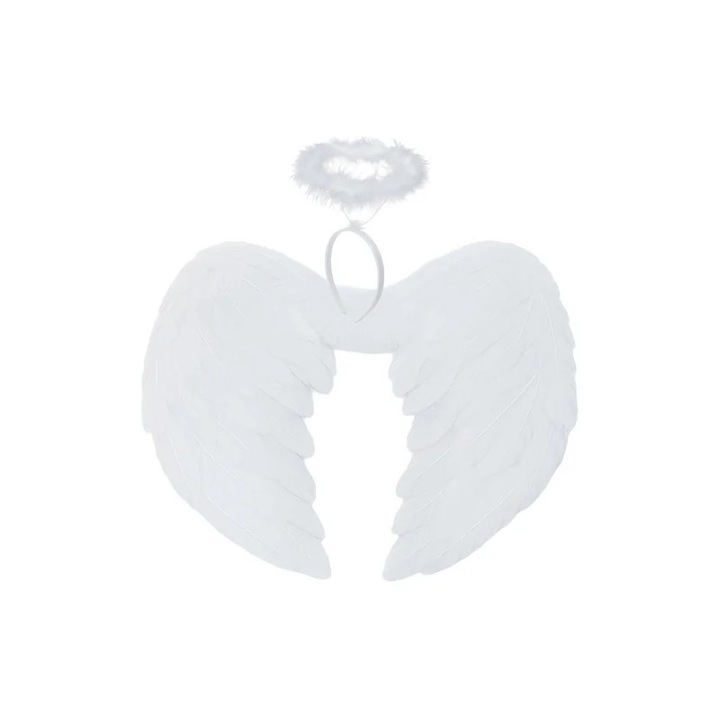 Angyalszárnyak, 42x33 cm, glória a fejen, fehér tollak