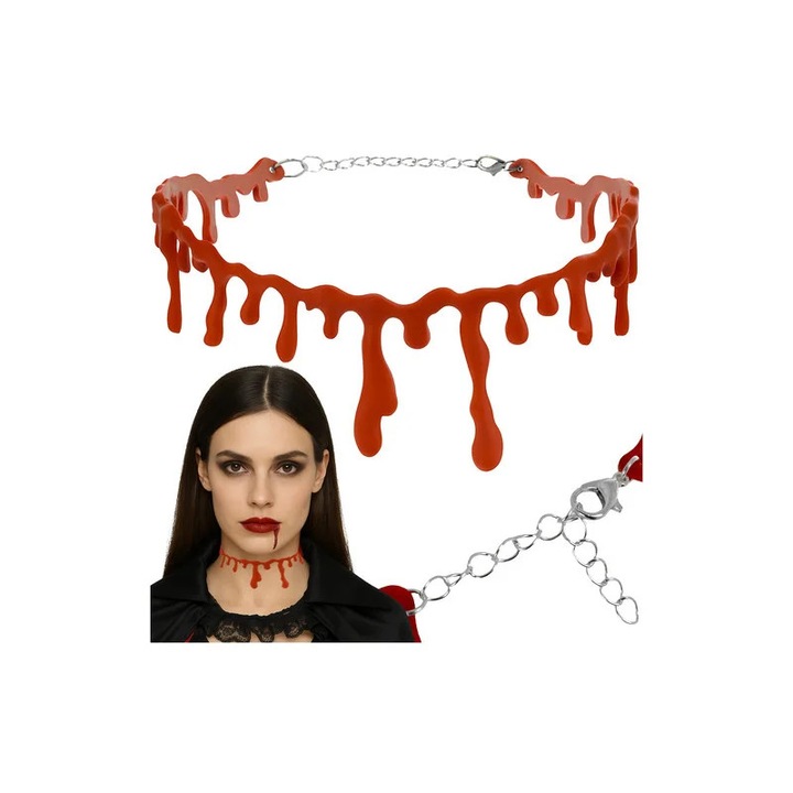 Colier choker cu imprimeu sangeros, pentru Halloween, incuietoare reglabila 30-35x4 cm, rosu