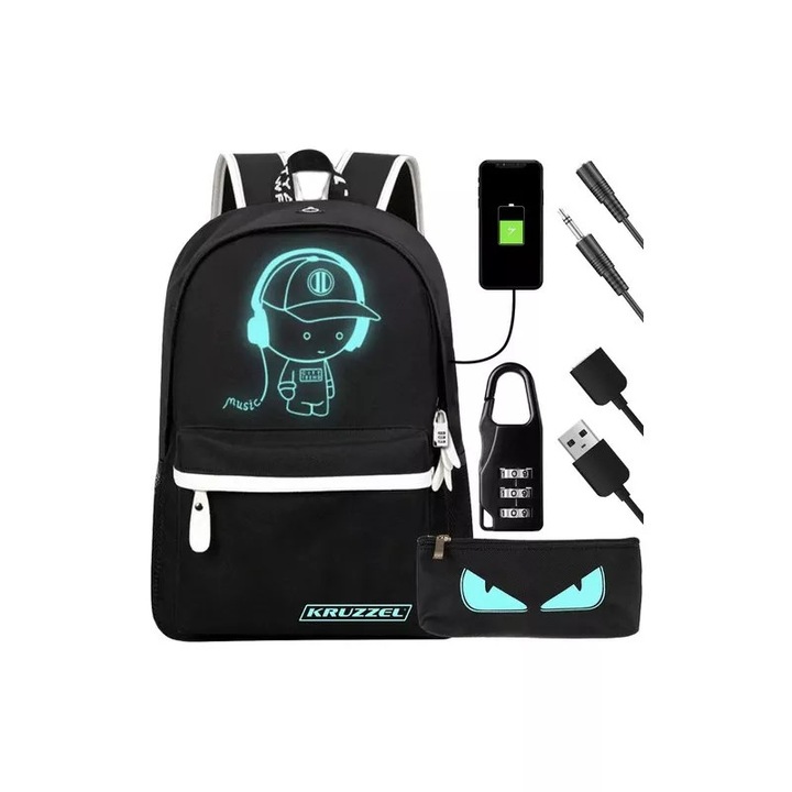 Fényvisszaverő hátizsák, USB port, 5 rekesz, cipzár, tolltartó tartozék, vízálló, fekete