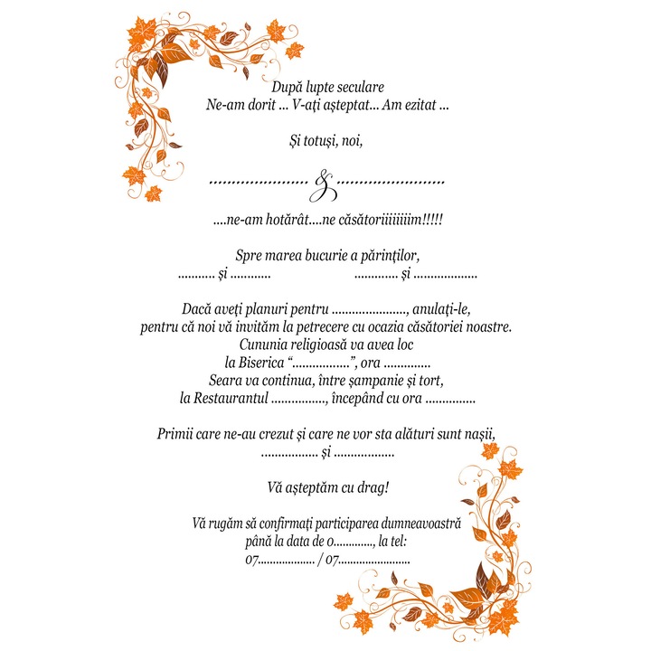 Invitatie nunta, 12 x 18 cm, carton 200g, model 008