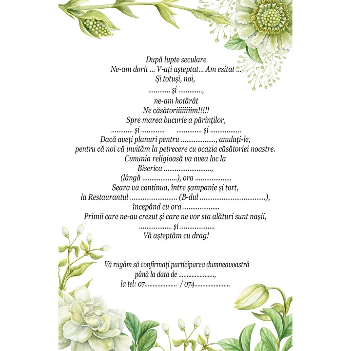 Invitatie nunta, 12 x 18 cm, carton 200g, model 004