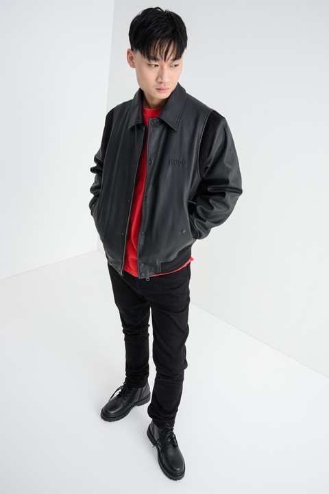 HUGO, Jacheta din piele cu detalii din piele intoarsa Lewick, Negru