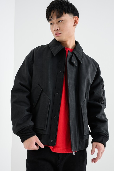 HUGO, Jacheta din piele nabuc cu buzunare multiple Lardin, Negru