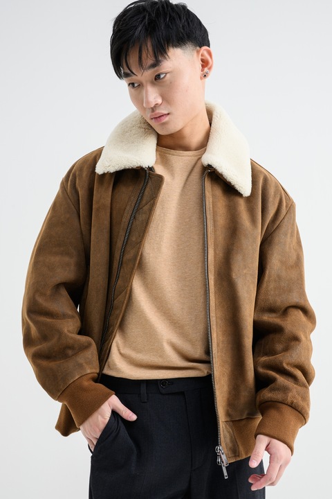 BOSS, Jacheta din piele nabuc cu garnitura din blana de miel Jonier, Caramel