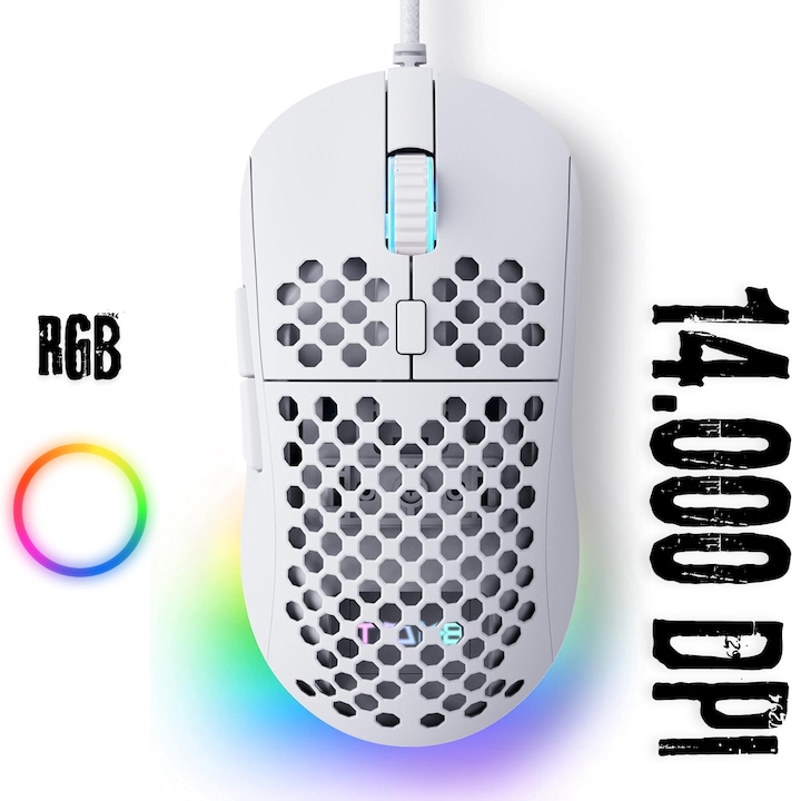 Mouse Gaming Profesional Techone® ShadowStrike Pro, 14.000 DPI 6 trepte, Cablu Paracord Drag Free, Ultralight Honeycomb, Iluminare RGB, 6 Butoane, Programabil, Software Inclus, USB 3.0, Alb
