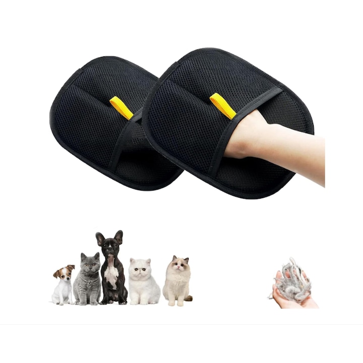 2 db kisállatszőr eltávolító kefekesztyű, ápolókesztyű kutyáknak, macskáknak és egyéb háziállatoknak. Kétoldalú, többfunkciós, mosható, kanapéhoz, ruhákhoz, autóhoz, szőnyeghez. 23 cm x 17 cm, Fekete.