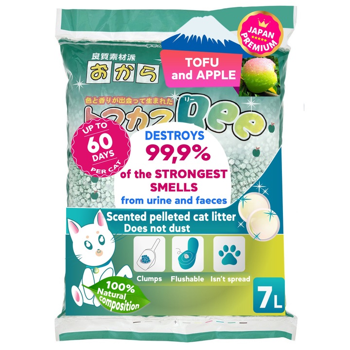 Japan Premium Nisip pentru Pisici 7L - Tofu cu Mere, Neutralizator de Mirosuri