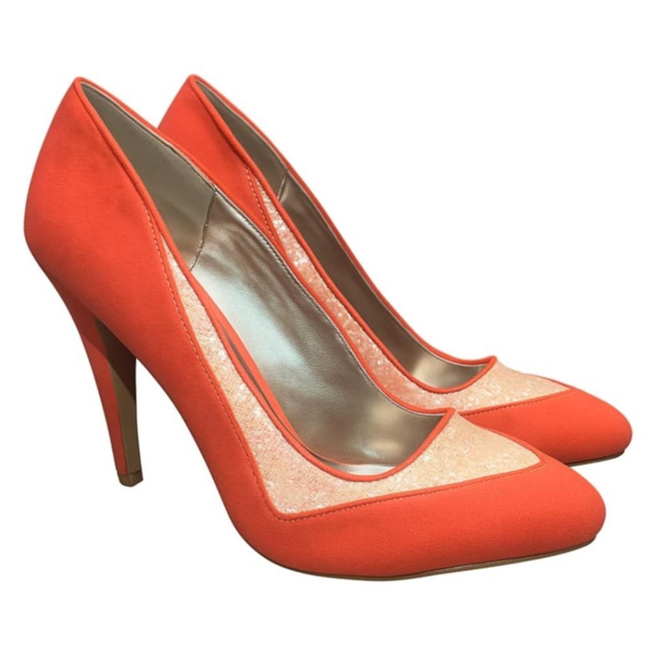 Pantofi Dama Stiletto Qupid Shay, Piele ecologica intoarsa, Coral, Toc 10 cm, Marimea 38