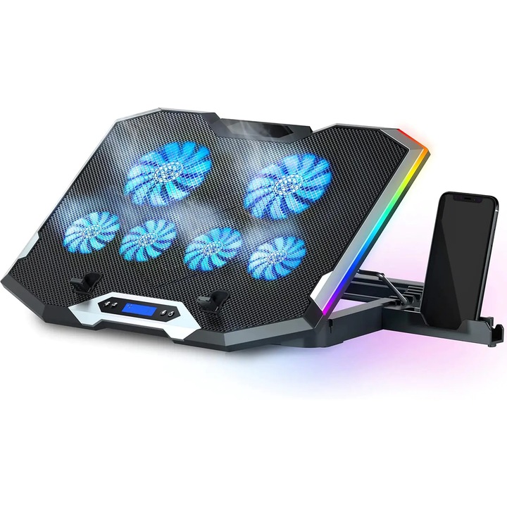 Cooler Laptop Gaming RGB Elindor® Suport cu Unghi Reglabil pe 5 Niveluri, Dimensiuni Compatabile 15-17.3 Inch, 6 Ventilatoare Puternice si Silentioase 30dB cu Viteza Ajustabila, 2 Porturi USB, Suport Telefon, Ecran LCD, pentru Birou, Calatorii, Negru